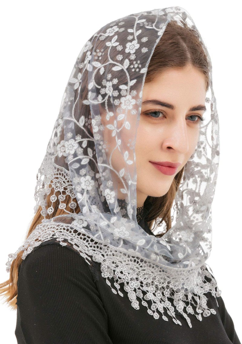 PAMOR Triangle Lace Veil Mantilla Cathedral Head Covering Chapel Veil for Mass Wedding Bridesmaids (Gray) - Image 3